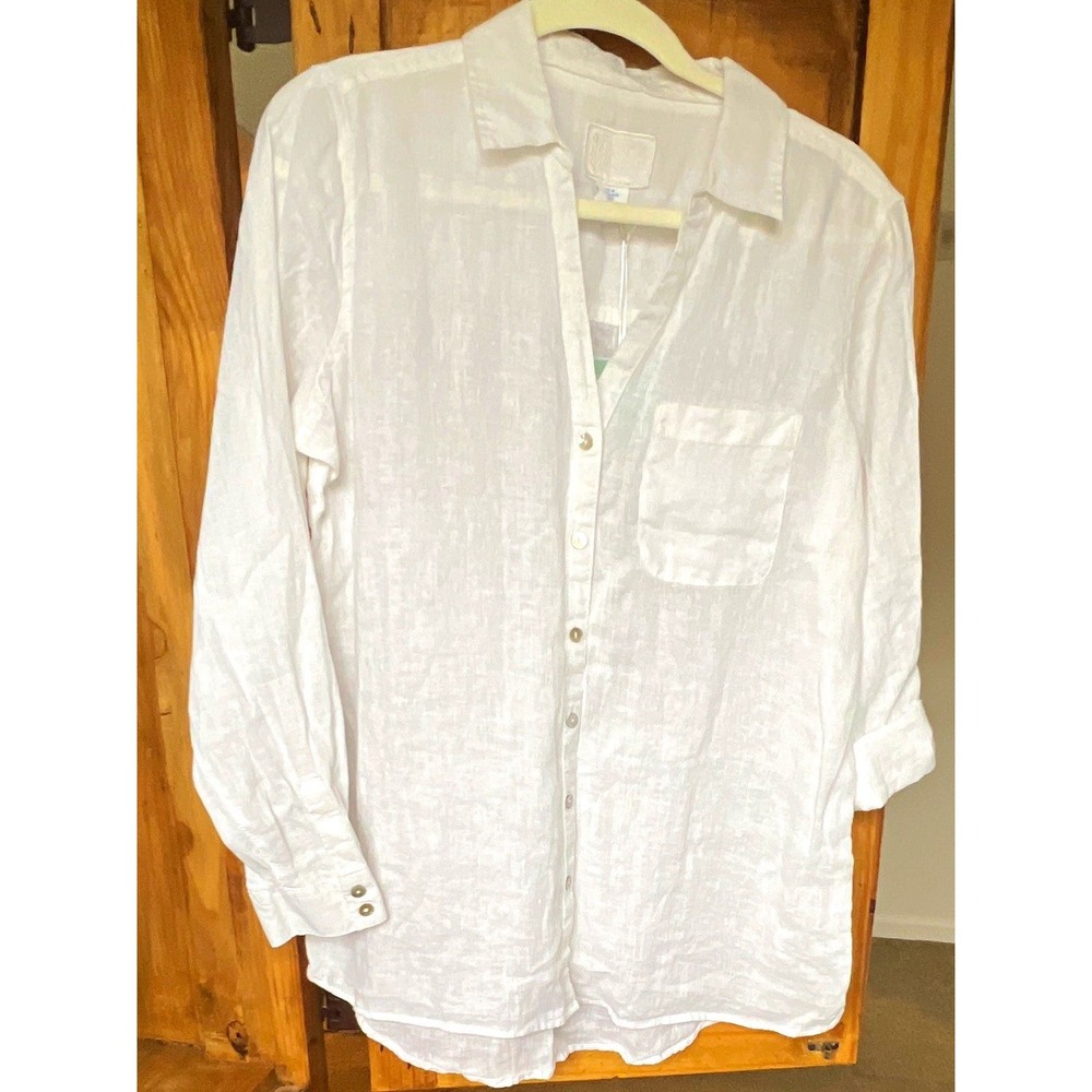 Sigrid Olsen Women's Linen Button-Up Shirt White Collared Long Sleeve, Medium
